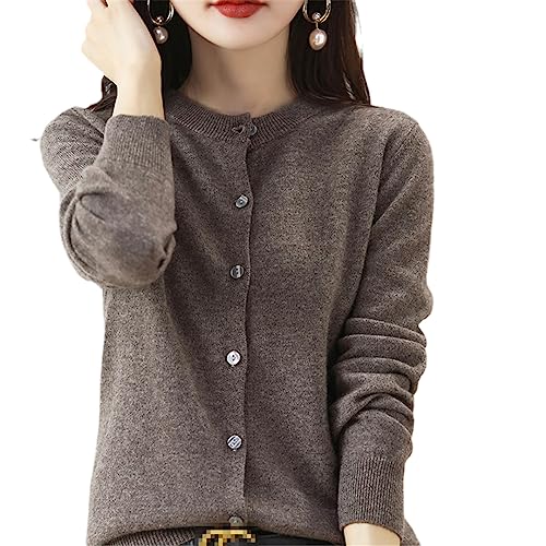 Damen Kaschmir Strickjacke Rundhals Pullover Frühling Herbst Winter Langarm Gestrickt Einfarbig Weiche Strickjacke Pullover, Kaffee Khaki 9, S von Bollrllr