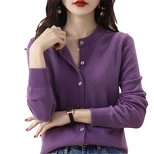 Bollrllr Damen Kaschmir Strickjacke Rundhals Pullover Frühling Herbst Winter Langarm Gestrickt Einfarbig Weiche Strickjacke Pullover, fliederfarben / violett, S von Bollrllr