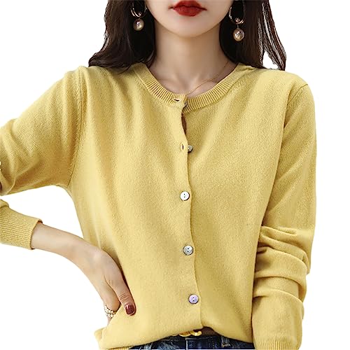 Bollrllr Damen Kaschmir Strickjacke Rundhals Pullover Frühling Herbst Winter Langarm Gestrickt Einfarbig Weiche Strickjacke Pullover, gelb, S von Bollrllr