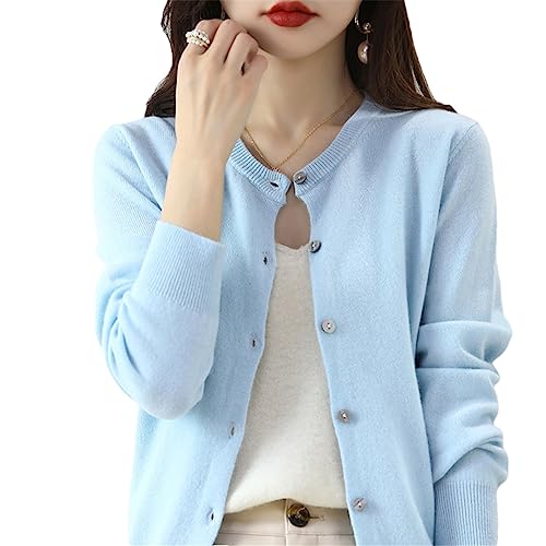 Bollrllr Damen Kaschmir Strickjacke Rundhals Pullover Frühling Herbst Winter Langarm Gestrickt Einfarbig Weiche Strickjacke Pullover, himmelblau, L von Bollrllr