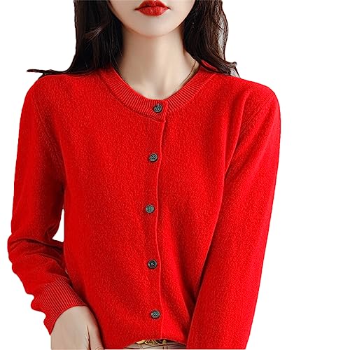 Bollrllr Damen Kaschmir Strickjacke Rundhals Pullover Frühling Herbst Winter Langarm Gestrickt Einfarbig Weiche Strickjacke Pullover, rot, L von Bollrllr