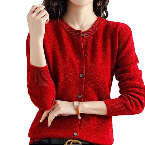 Bollrllr Damen Kaschmir Strickjacke Rundhals Pullover Frühling Herbst Winter Langarm Gestrickt Einfarbig Weiche Strickjacke Pullover, weinrot, XX-Large von Bollrllr