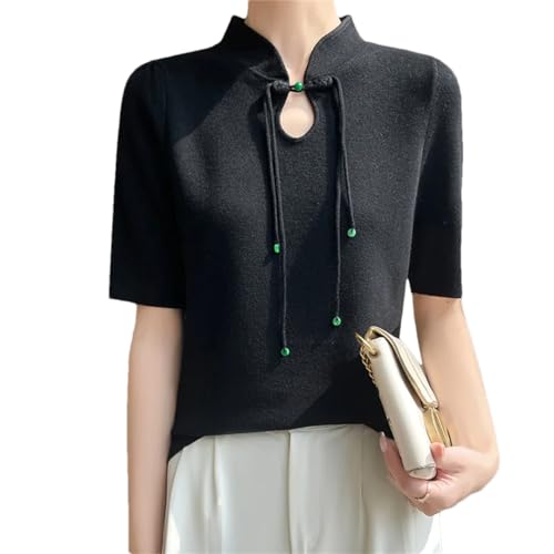 Damen Wolle Strick Kurzarm T-Shirt Stehkragen Tops Tailliert Pullover Solide Bluse, Schwarz , M von Bollrllr