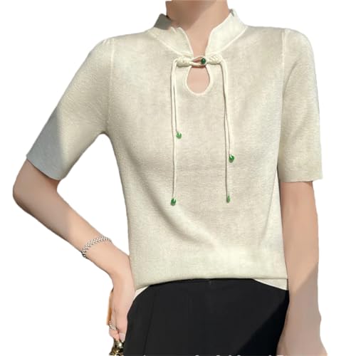 Damen Wolle Strick Kurzarm T-Shirt Stehkragen Tops Tailliert Pullover Solide Bluse, beige, M von Bollrllr