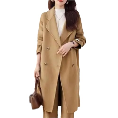 Einfarbiger Zweireihiger Wollmantel Für Damen Dicker Warmer Wollmantel Lockere Jacke champagne M von Bollrllr