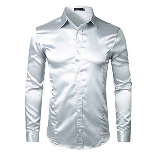 Herren Seide Satin Hemd Langarm Glänzend Glatt Einfarbig Slim Fit Hemd Hochzeit Kleid Hemd, silber, M von Bollrllr