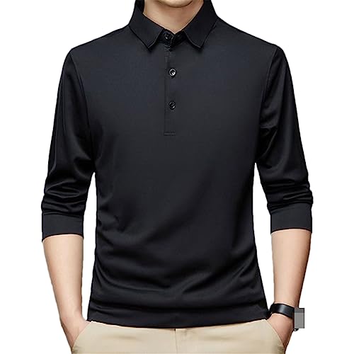 Männer Business Solide Polohemden Frühling Baumwolle Langarm Knopf Revers Männlich Lose Casual T-Shirt Schwarz 4XL (90-100kg) von Bollrllr