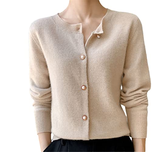 Damen-Strickjacke aus Merinowolle, Perlenknopf, locker, schlicht, einfarbig, Basic-Pullover, Originalbeige, Größe M, Original Beige, M von Bollrllr