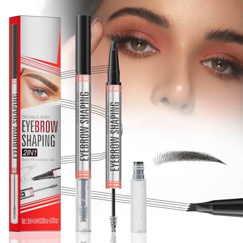 2-in-1 Augenbrauenstift mit Brauengel, Wasserdichter Augenbrauenstift mit 4 Gabelspitze Applikator, Langanhaltender Kein Verwischen Eyebrow Pencil für volle und definierte Augenbrauen (Schwarz) von BoloShine