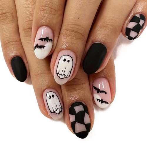 24 Stück Halloween Nägel Zum Aufkleben, Kurzes Oval Schwarz Rosa Künstliche Nägel mit Geist Druck Kunstnägel Press on Nails, Acryl Full Cover Falsche Nägel für Frauen Mädchen von BoloShine
