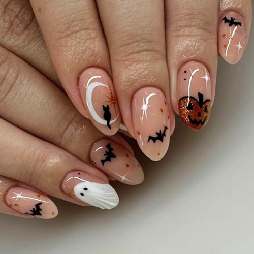 24 Stück Halloween Rosa Nägel Zum Aufkleben, French Mandel Falsche Nägel mit Fledermaus und Geister Muster, Acryl Full Cover Press on Nails Künstliche Nägel für Frauen Mädchen von BoloShine