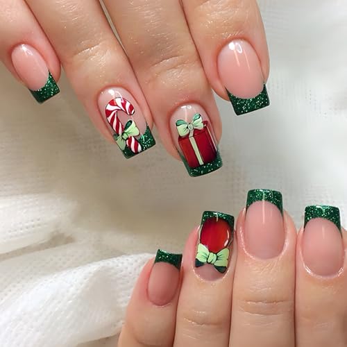 24 Stück Weihnachten Künstliche Nägel zum Aufkleben, Press on Nails mit Weihnachtsstock und Geschenkbox Designs, Grüner Eckig French Christmas Falsche Nägel für Frauen und Mädchen von BoloShine
