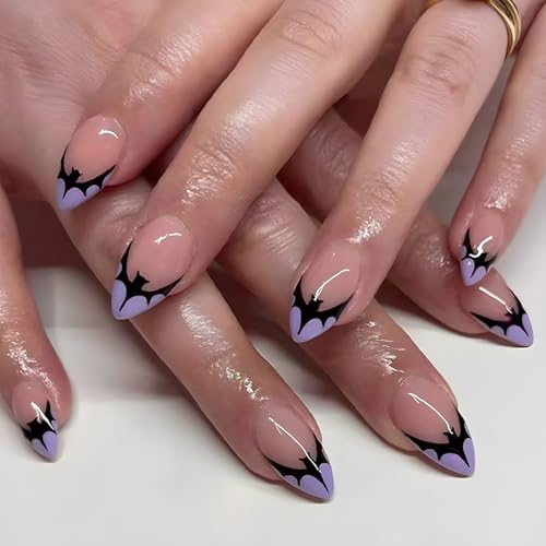 30 Stück Halloween Rosa Nägel Zum Aufkleben, French Mandel Falsche Nägel mit Fledermaus Muster, Acryl Full Cover Press on Nails Künstliche Nägel für Frauen Mädchen von BoloShine