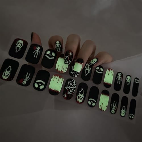 Boloshine 22PCS Halloween UV Gel Nagelfolie, Selbstklebend UV Gel Wraps Nagelaufkleber, Halbgehärtete Gel Nagellack Aufkleber UV/LED-Lampe Erforderlich - Im Dunkeln Leuchtender Totenkopf von BoloShine