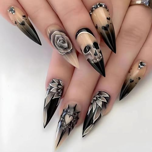 Boloshine 24 Pcs Punk Schädel Falsche Nägel, Halloween Lange Spitze Nägel Zum Aufkleben, Gothic Rose Fake Nails Full Cover Press on Nails für Frauen Mädchen von BoloShine