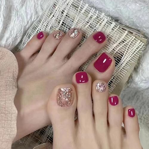 Boloshine 24 Stück Französisch Zehennägel zum Aufkleben, 12 Größen Kurz Quadratische Full Cover Acryl Zehen Nagelspitzen für Frauen und Mädchen Nagel Dekoration - Kirschglitter von BoloShine