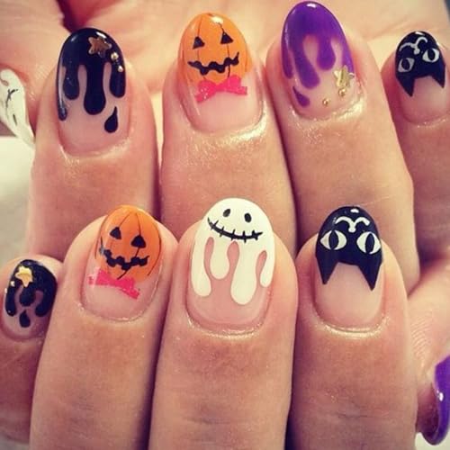 Boloshine 24 Stück Halloween Falsche Nägel, Kurz Mandel French Schwarze Katze Kürbis Fake Nails Natürlich Acrylic Künstliche Nägel Full Cover Press on Nails für Mädchen Frauen von BoloShine