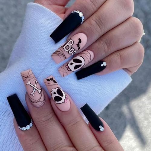 Boloshine 24 Stück Halloween Falsche Nägel, Lang Coffin Schädel Schläger Fake Nails, Ballerina Nägel Zum Aufkleben Full Cover Künstliche Nägel für Frauen Mädchen Nail Art von BoloShine