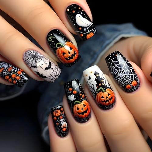 Boloshine 24 Stück Halloween Falsche Nägel, Schwarz Kürbis Geister Druck Fake Nails Press on Nails Full Cover Künstliche Nägel für Frauen Mädchen Nail Art von BoloShine