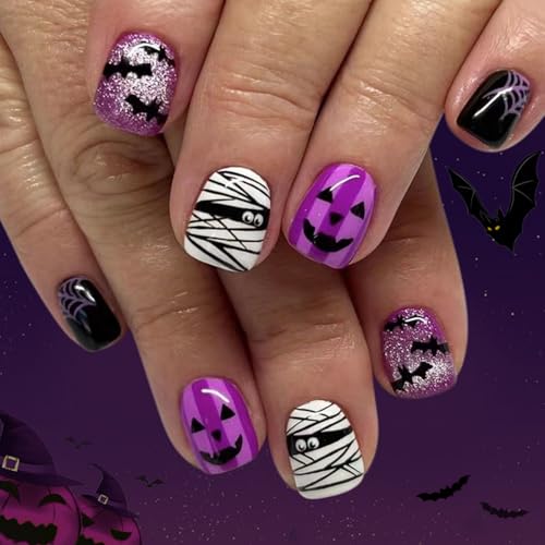 Boloshine 24 Stück Halloween Falsche Nägel, Schwarz Lila Fledermaus Geisterdruck Fake Nails Press on Nails Full Cover Künstliche Nägel für Frauen Mädchen Nail Art von BoloShine