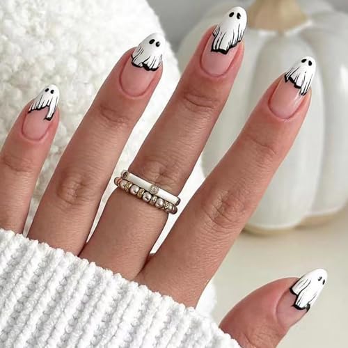 Boloshine 24 Stück Halloween French Falsche Nägel, Weiß Niedlicher Geist Fake Nails Press on Nails, Full Cover Künstliche Nägel für Frauen Mädchen Nail Art Dekorationen von BoloShine