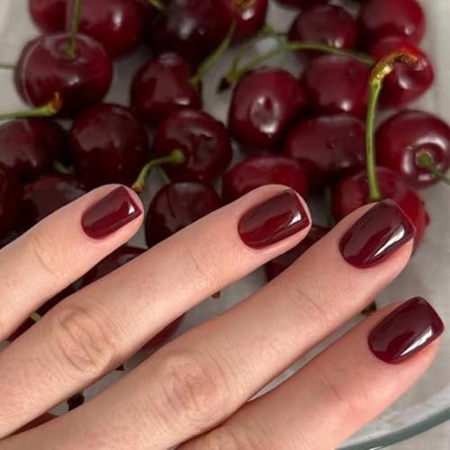 Boloshine 24 Stück Künstliche Nägel Kurz, Rein Farbe French Nageltips Fake Nails mit Nagelkleber Aufkleber, Full Cover Press on Nails Natürliche Nägel zum Aufkleben für Frauen Mädchen (Kirschrot) von BoloShine
