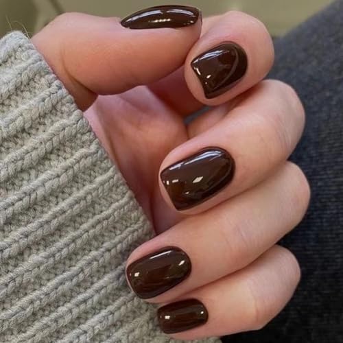 Boloshine 24 Stück Künstliche Nägel Kurz, Rein Farbe French Nageltips Fake Nails mit Nagelkleber Aufkleber, Full Cover Press on Nails Natürliche Nägel zum Aufkleben für Frauen Mädchen (Kaffeebräun) von BoloShine