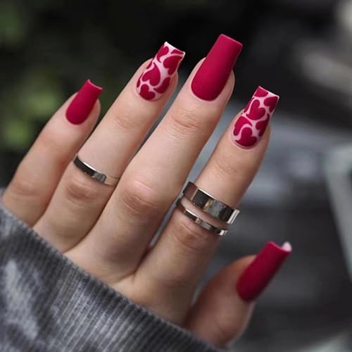 Boloshine 24 Stück Künstliche Nägel Kurze Eckig, French Tip Press on Nails Square Long Fake Nails, Ballerina Natural Kunstnägel Full Cover Nageltips für Frauen Mädchen Nail Art, Satiniertes Liebesherz von BoloShine