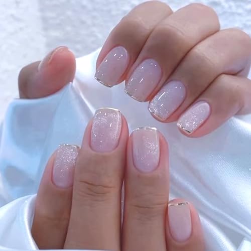 Boloshine 24 Stück Künstliche Nägel Kurze Eckig, French Tip Press on Nails Square Long Fake Nails, Ballerina Natural Kunstnägel Full Cover Nageltips für Frauen Mädchen Nail Art, Sternenfluss im Traum von BoloShine