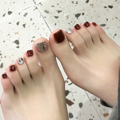 Boloshine 24 Stück Künstliche Zehennägel, 12 Größen Glänzend Französisch Künstliche Fußnägel zum Aufkleben, Vollständig Abdeckendes Nagelspitzen Künstliche Fussnägel für Frauen Mädchen (Rotwein) von BoloShine