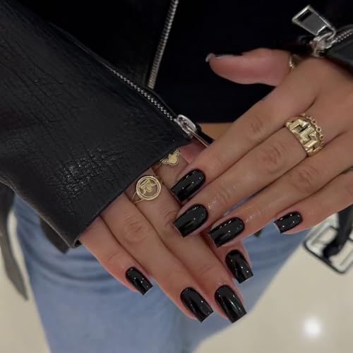 Boloshine 24 Stück Press on Nails, Rein Farbe Full Cover French Künstliche Nägel, Ballerina Natürliche Nägel zum Aufkleben,Eckig Kurz Nageltips Fake Nails für Frauen & Mädchen (Nacht Schwarz) von BoloShine