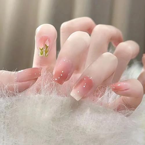 Boloshine 24 Stück Press on Nails Kurz, Glossy Kunstnägel zum Aufkleben Fake Nails, Natürlich Acrylic Künstliche Nägel mit Designs Full Cover Nagelspitzen für Frauen ＆ Mädchen, Tulpe von BoloShine