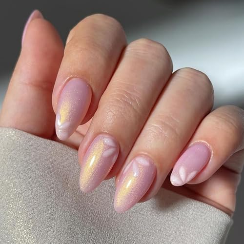 Boloshine 24 Stück Press on Nails Kurz Mandel Rosa Blütenblätter Natürlich Acrylic Künstliche Nägel, Full Cover Fingernägel zum Aufkleben für Frauen Mädchen Nail Art von BoloShine