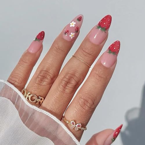 Boloshine 24 Stück Press on Nails Mittelgroß Mandel Katzenaugen-Erdbeere Natürlich Acrylic Künstliche Nägel, Full Cover Fingernägel zum Aufkleben für Frauen Mädchen Nail Art von BoloShine