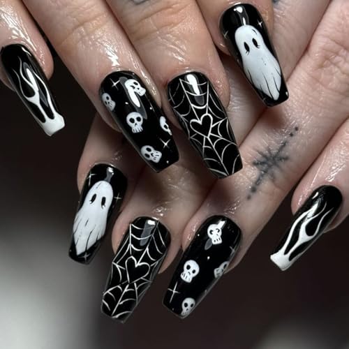 Boloshine 24Pcs Halloween Fake Nails, Lang Coffin Herzförmiges Spinnennetz Nägel Zum Aufkleben, Natürlich Acrylic Künstliche Nägel Full Cover Press on Nails für Mädchen Frauen von BoloShine