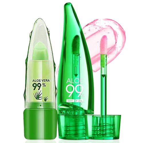Boloshine Aloe Vera Lippenpflege, Temperatur-Farbwechsel Lippenöl Lipgloss Set, Langanhaltender Natürlich Moisturizing Lippenpflegestift, Lip Oil Set Mädchen Pflegende Lippen(Lip Balm + Lip Oil) von BoloShine