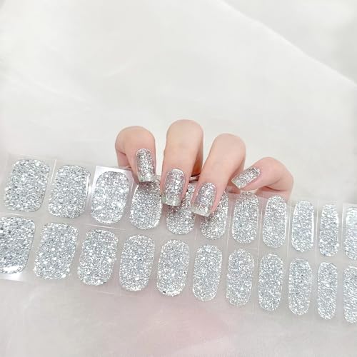 Boloshine Halbgehärtete UV Gel Nagelfolien, 22Pcs Glänzend Nagelfolie Selbstklebend, Salonqualität Full Wraps Nail Sticker, Gellack Wraps für Finger & Fußnägel (Funkelndes Geheimnisvolles Silber) von BoloShine