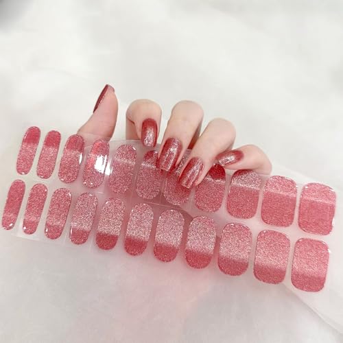 Boloshine Halbgehärtete UV Gel Strips, 22Pcs Salonqualität Nagelsticker Selbstklebend, Glänzend Langanhaltend Gelnägel zum Aufkleben Nail Sticker, Nailart für Frauen Mädchen (Glitzerndes Rosenrot) von BoloShine