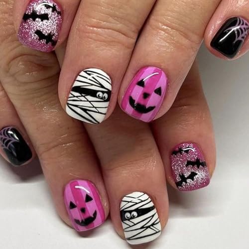 Boloshine Halloween Falsche Nägel, 24 Stück Kurze Quadrat Mumie Teufel Natürlich Acrylic Künstliche Nägel, Full Cover Fingernägel zum Aufkleben für Frauen Mädchen Nail Art von BoloShine