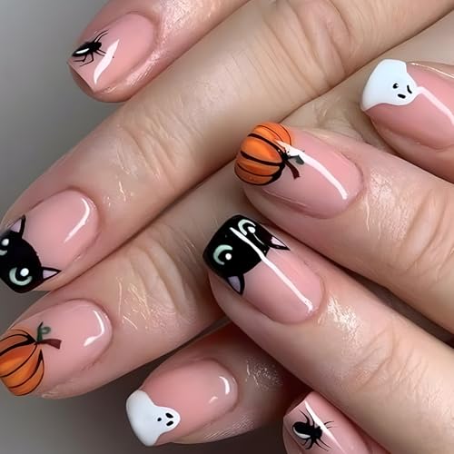 Boloshine Halloween Nägel Zum Aufkleben, 24 Stück Kurze Quadrat French Rosa Press on Nails Kürbis und Süßer Schwarzer Katzendruck Full Cover Künstliche Nägel für Frauen Mädchen von BoloShine