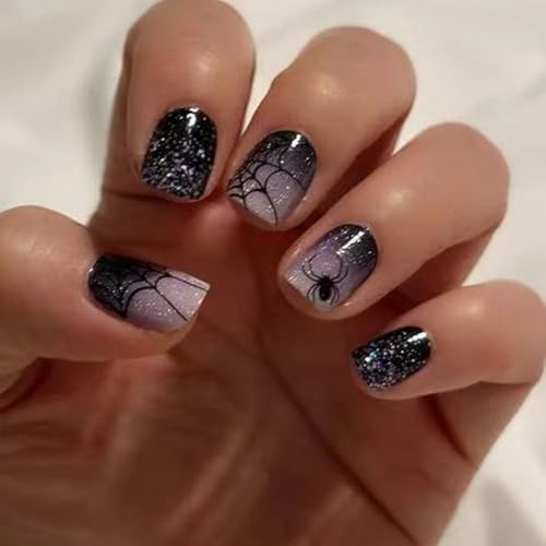 Boloshine Halloween Nägel Zum Aufkleben, 24 Stück Kurze Quadrat Schwarz Press on Nails-Sternennachtjäger, Acryl Full Cover Künstliche Nägel für Frauen Mädchen Nail Art Dekorationen von BoloShine