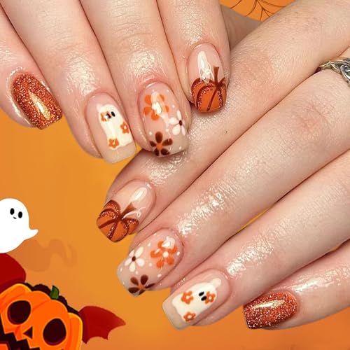 Boloshine Halloween Nägel Zum Aufkleben, 24 Stück Kurzes Oval Orange Press on Nails Kürbis und Süßer Geister Full Cover Künstliche Nägel für Frauen Mädchen von BoloShine