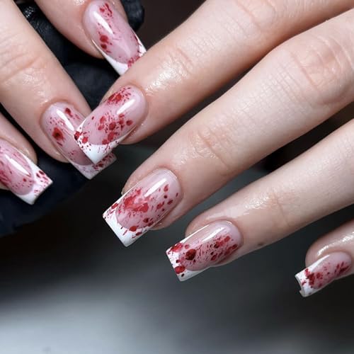 Boloshine Halloween Nägel Zum Aufkleben, 24 Stück Quadrat French Rosa Press on Nails Blutbefleckt Druck Full Cover Künstliche Nägel für Frauen Mädchen von BoloShine
