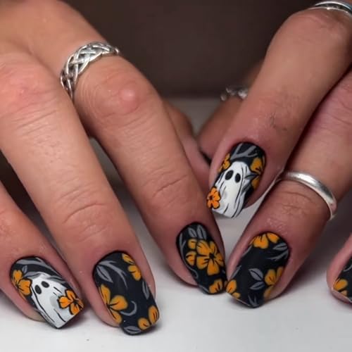 Boloshine Halloween Nägel Zum Aufkleben, 24 Stück Quadrat Schwarz Press on Nails Niedliches Geister und Blumenmuster Full Cover Künstliche Nägel für Frauen Mädchen von BoloShine