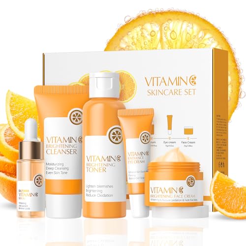 Vitamin C Gesichtspflege Set für Mädchen Frauen, 5-tlg Anti-Aging Skincare Set Inkl. Reiniger, Toner, Gesichtsserum, Gesichtscreme und Augencreme, Routine Hautpflege Geschenkset für Frauen von BoloShine