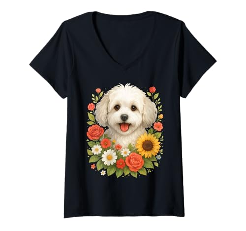 Damen Bolognese Hundeblume T-Shirt mit V-Ausschnitt von Bolognese Dog