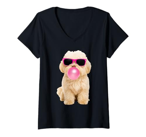 Damen Bolognese Hundekaugummi T-Shirt mit V-Ausschnitt von Bolognese Dog