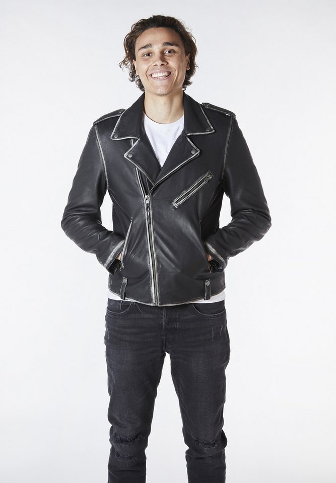 Bolongaro Trevor Lederjacke Blade Biker Distress Biker, Superweiches Leder im Used-Look, Schulterklappen von Bolongaro Trevor