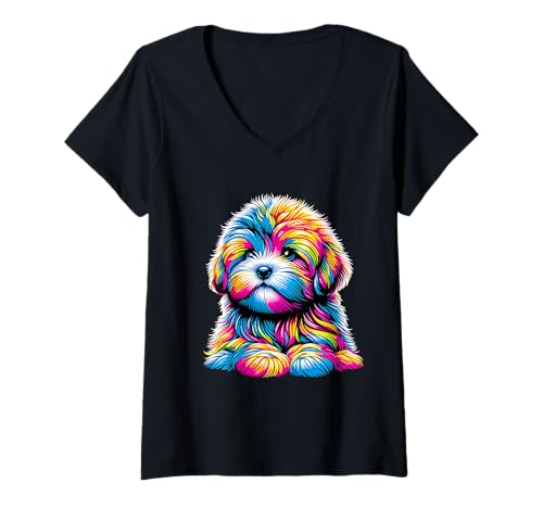 Damen Bolonka Zwetna Welpe mit buntem Fell T-Shirt mit V-Ausschnitt Damen Bolonka Zwetna Welpe mit buntem Fell T-Shirt mit V-Ausschnitt von Bolonka Zwetna Welpe mit buntem farbigen Fell
