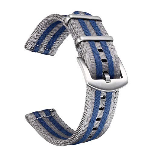 Militär Canvas Seat Belt Nylon Uhrenarmband für Männer Frauen mit Schnellverschluss Edelstahl Silberne Schnalle, Grau/Blau Gestreift, 22mm von BOLYTE